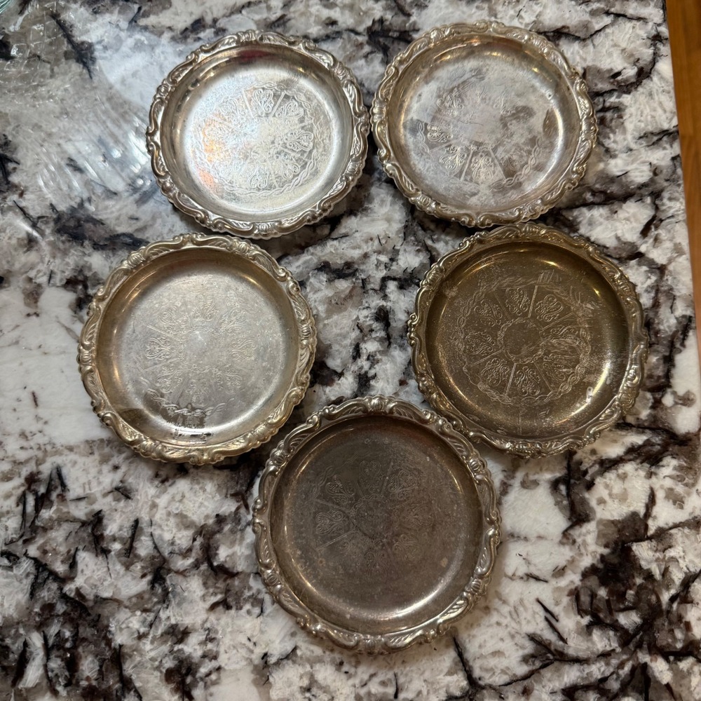 1.a.0.0.3.d Vintage Set 5 Italian Silver Plate Coasters Ornate 4.25" Italy